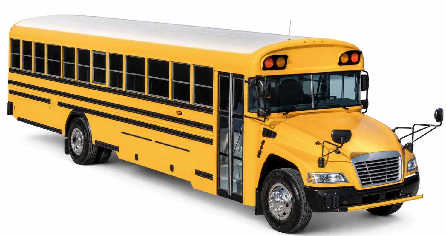 School bus with JMK's workbook product-placement markers