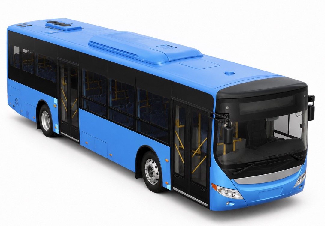 Transit bus with JMK's workbook product-placement markers